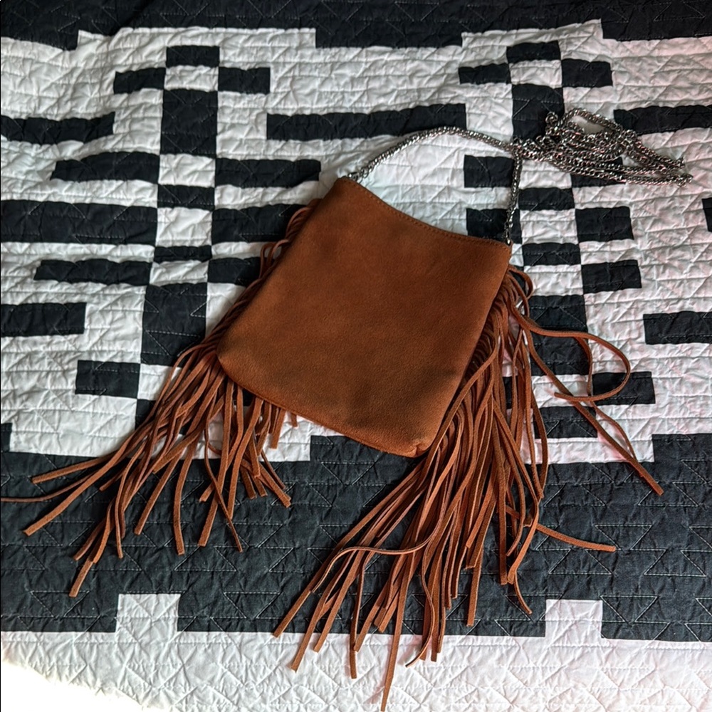 Fringe Tan Camel Suede Boho Crossbody Bag